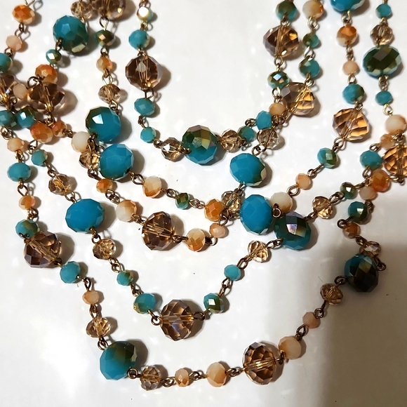 Champagne turquoise crystal bead necklace multi layered vintage - Picture 3 of 3